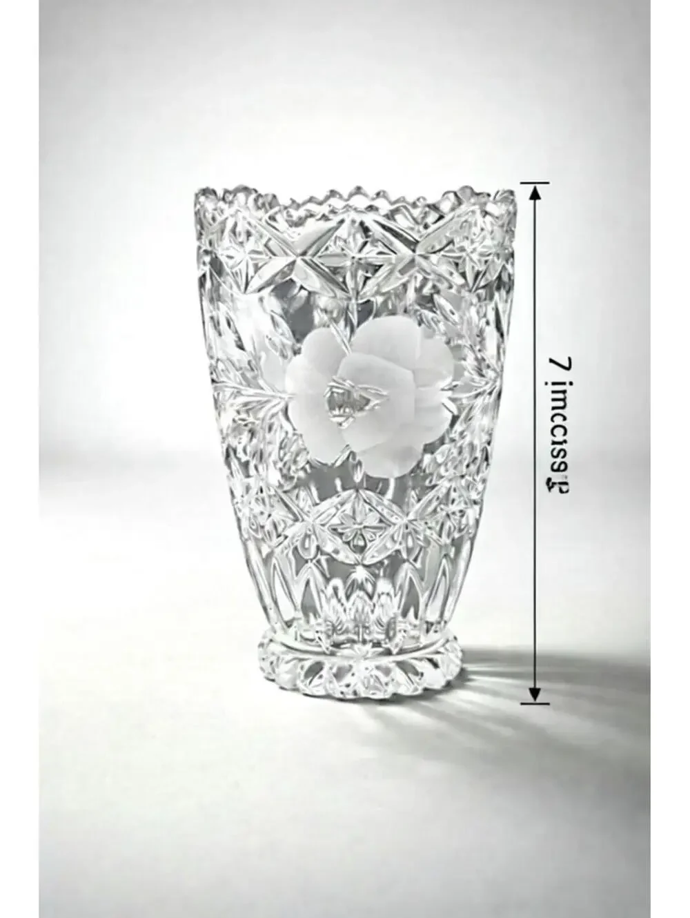 Vintage Crystal Cut Glass Vase with Floral Etching - 7.5 Inches Tall